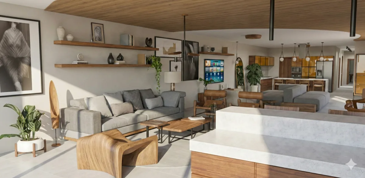 Apartamento A&S — Eixo social contínuo: estar, jantar e varanda em leitura única