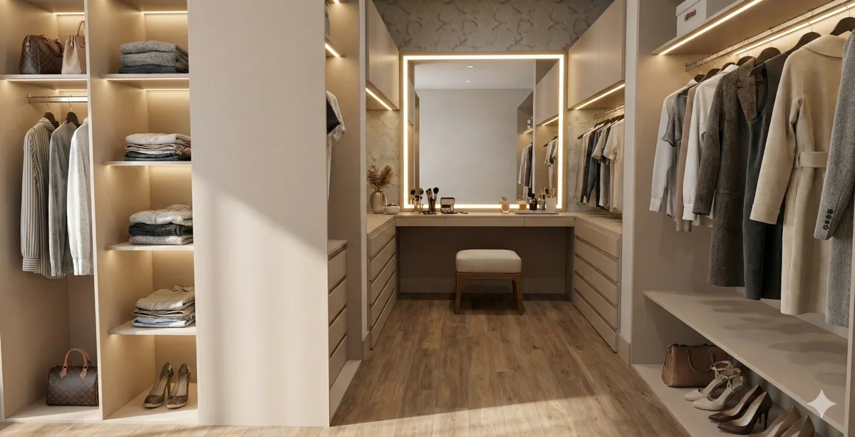 Apartamento A&S — Closet com penteadeira e marcenaria sob medida