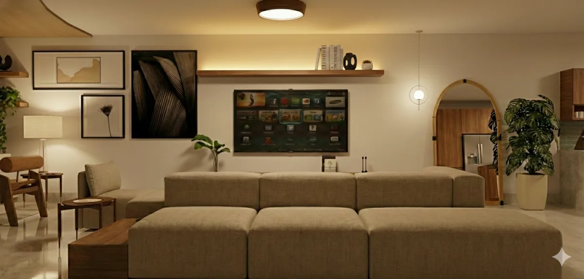 Apartamento A&S — Sala de TV com painel ripado e estante de livros