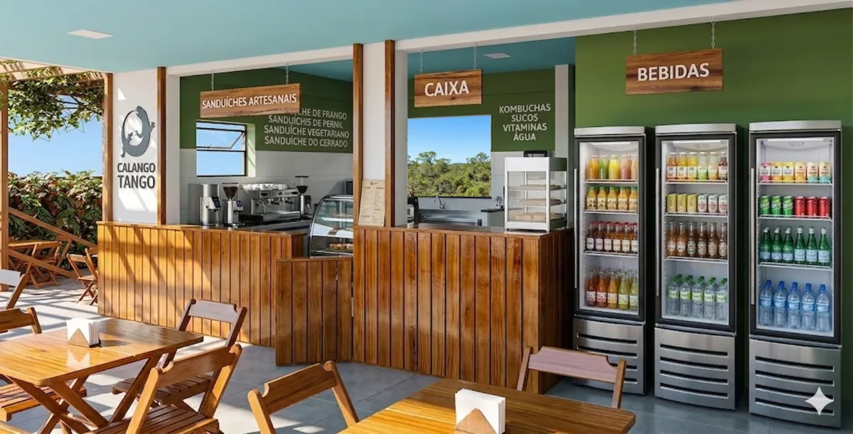 Calango Tango — Linha de preparo e caixa em operação contínua