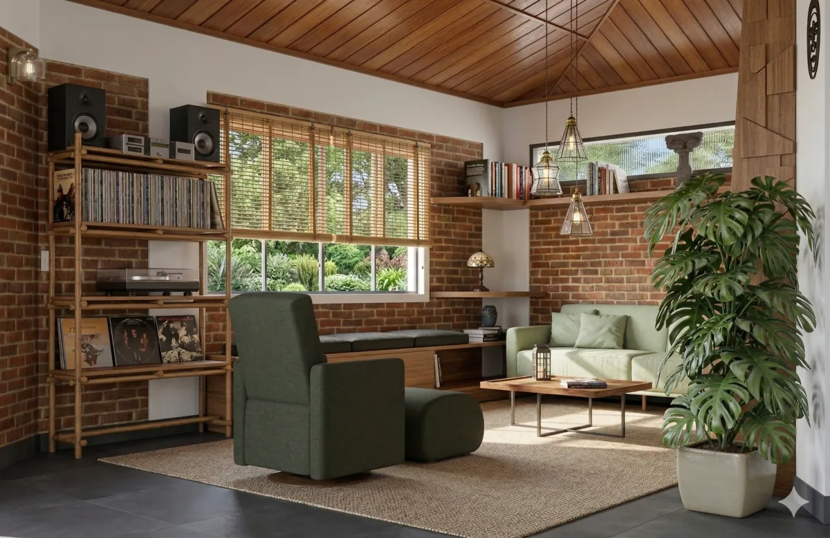 Casa J56 — Estante vazada e iluminação pendente