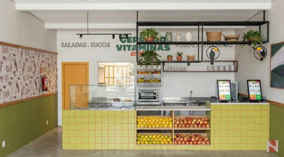 Cerrado Vitaminas — Cozinha de apoio com equipamentos industriais