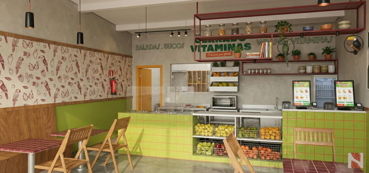 Cerrado Vitaminas — Balcão expositor de frutas revestido em pastilha verde