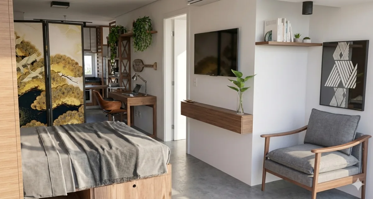 Flat 105 Noroeste — Mesa de refeições junto à estante vazada