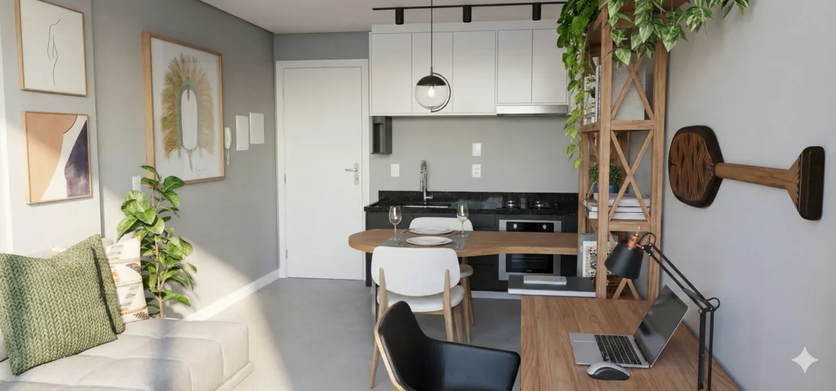 Flat 105 Noroeste — Cozinha compacta com estante vazada como divisor
