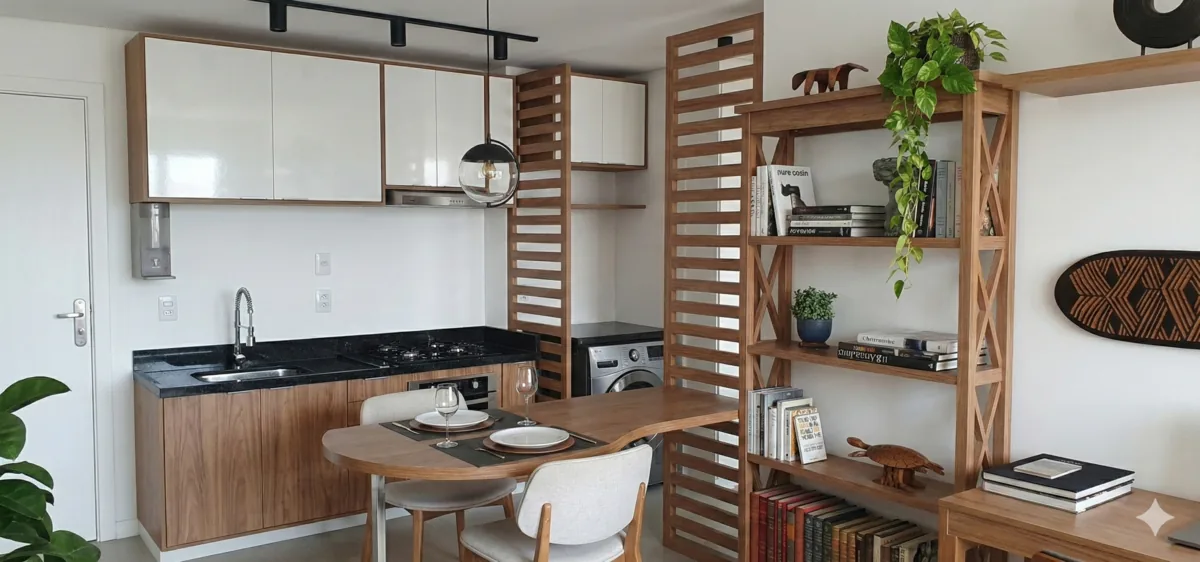 Flat 105 Noroeste — Bancada de apoio e prateleiras metálicas
