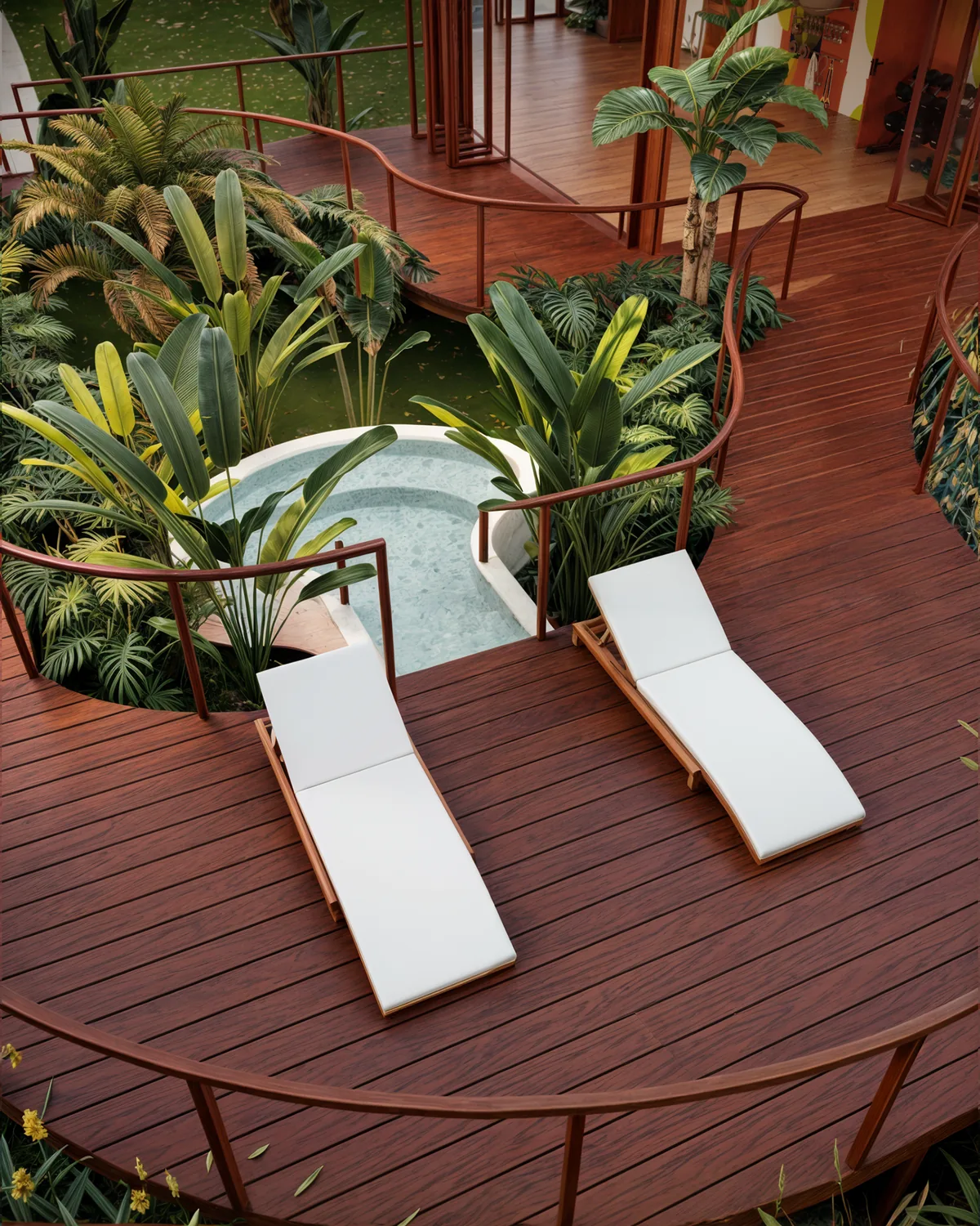 Soul Spa — Deck de descanso entre canteiros elevados