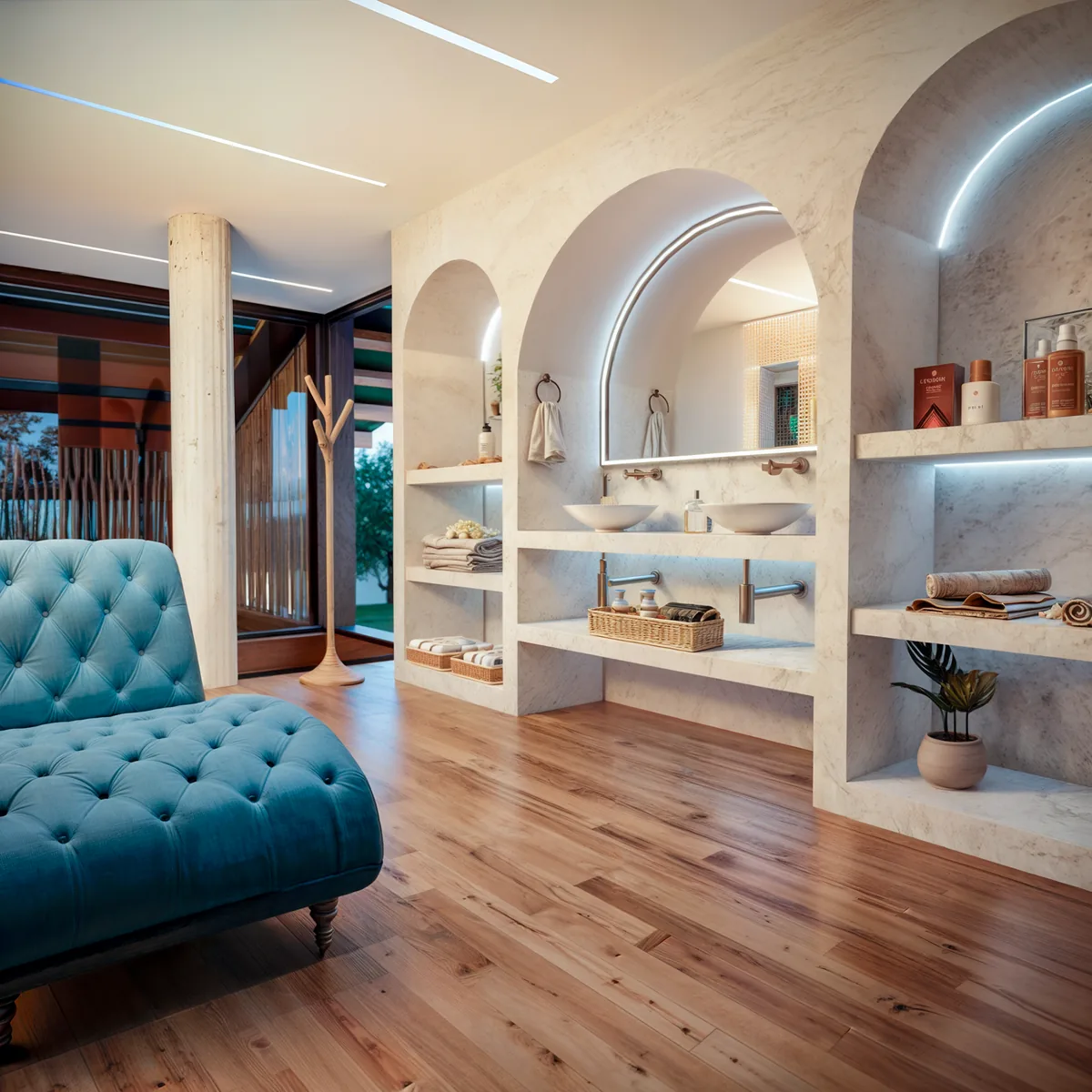 Soul Spa — Galeria interna: arcos brancos e piso de madeira quente